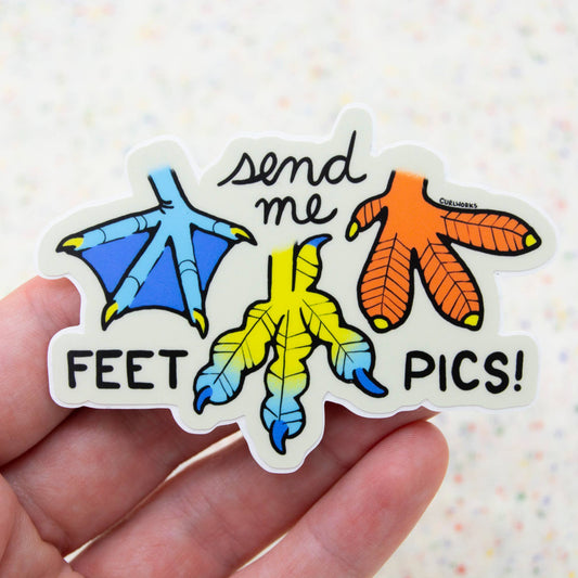 Sticker with colorful bird feet and text held by a hand on a light background