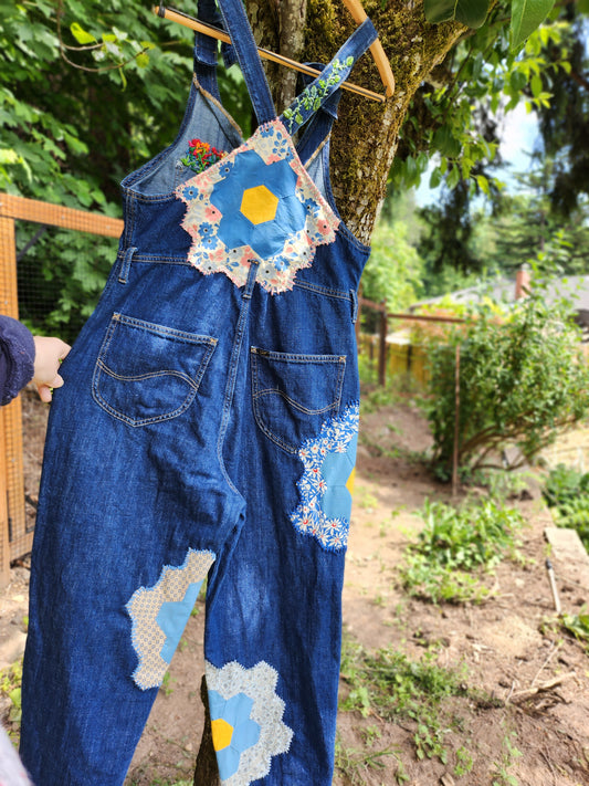 The "Spike" Overalls - Upcycled Dark Blue Lee Button Up Overalls w/ Embroidery & Grandmother's Flower Garden Quilt Blocks