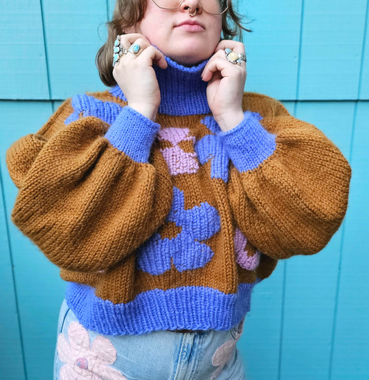 The Daisy Sweater - 100% Merino Wool Hand Knit Flower Turtleneck