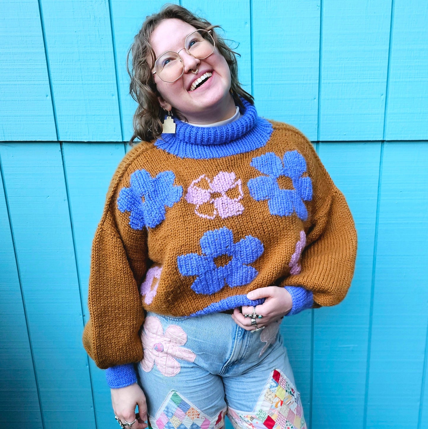 The Daisy Sweater - 100% Merino Wool Hand Knit Flower Turtleneck