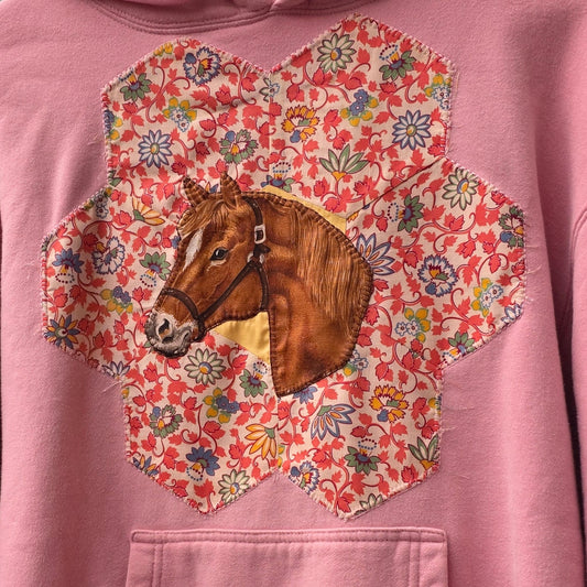 The Horse Camp Sweatshirt - Upcycled Pink Sweatshirt with 1930s Quilt Patch & Vintage Horse Patch