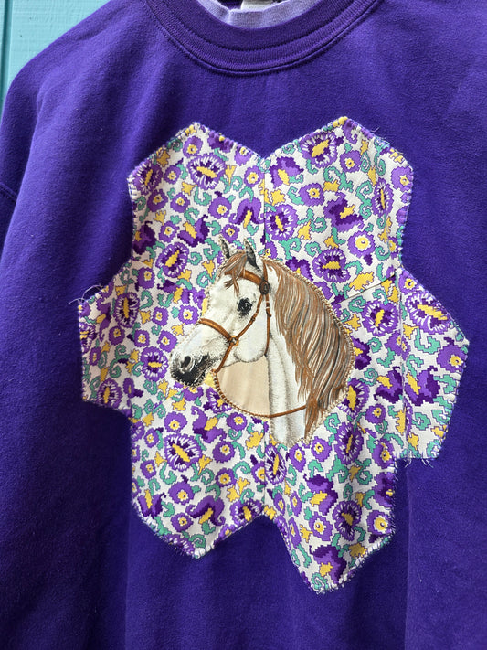 The Horse Camp Crewneck - Upcycled Vintage Crewneck with 1930s Quilt Patch & Vintage Horse Patch