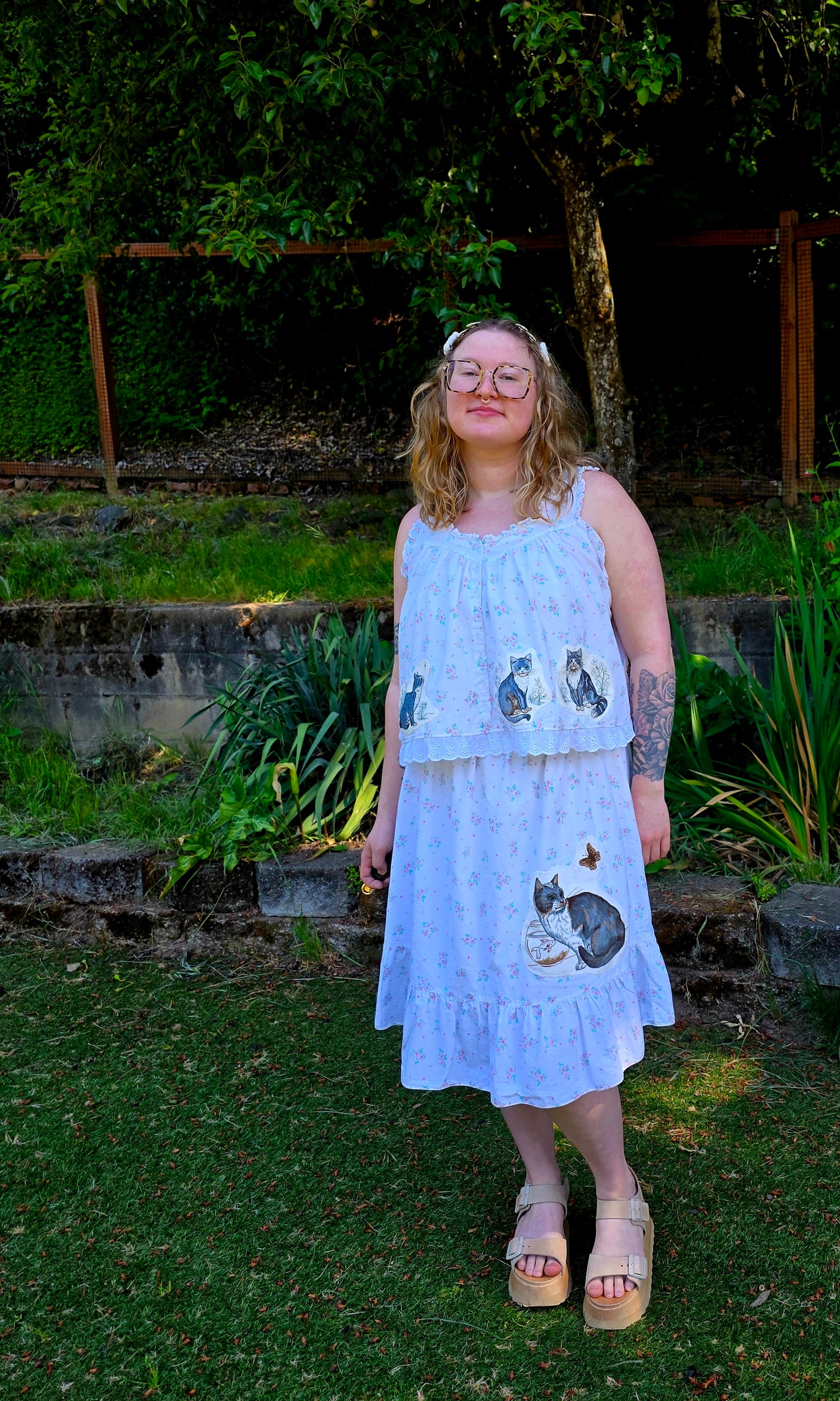 The Sofia Kitty Nightgown Top - Upcycled Nightgown into Top with Appliquéd Vintage Cat Fabric (Copy)