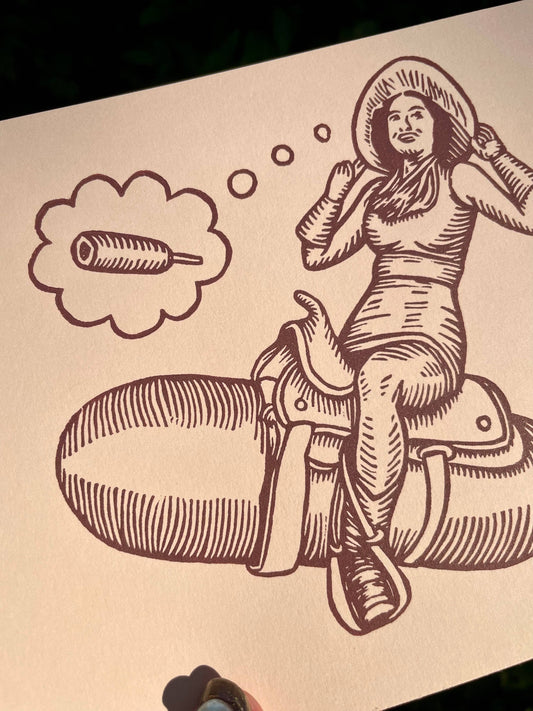Corndog Cowgirl Linocut Print