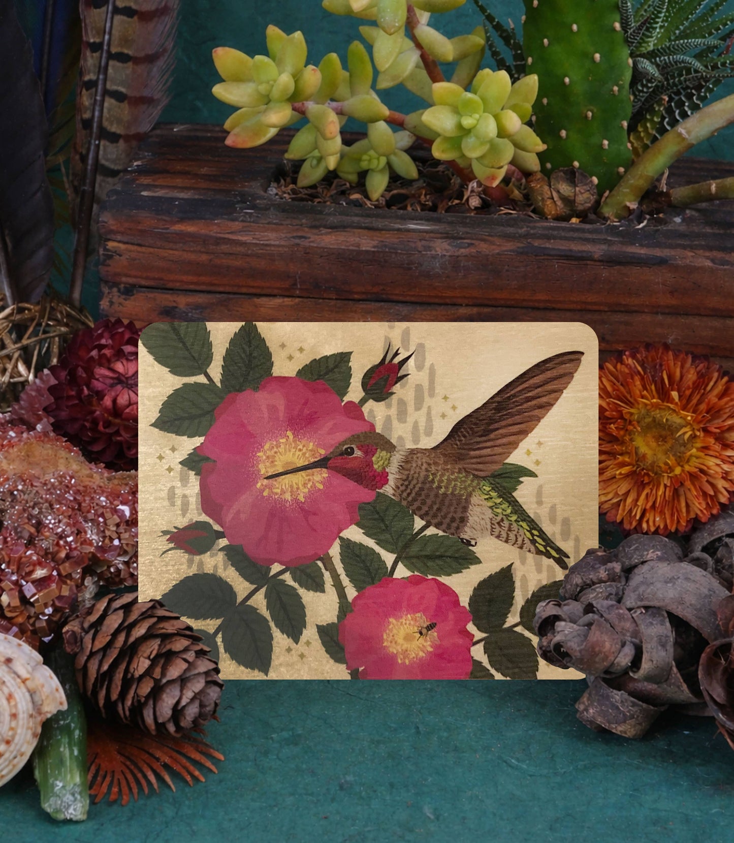 Hummingbird & Rose Wood Greeting Card