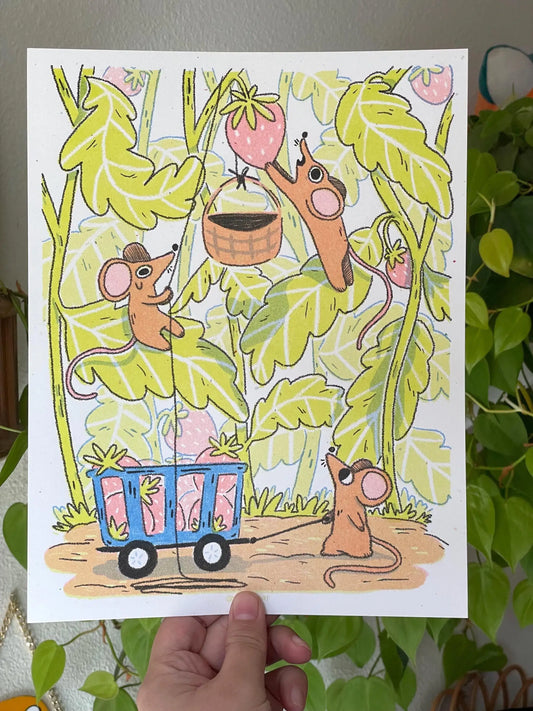 Strawberry Foragers Art Riso Print 8.5x11