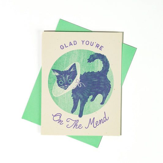 Glad You're On The Mend Cat - Risograph Get Well Card