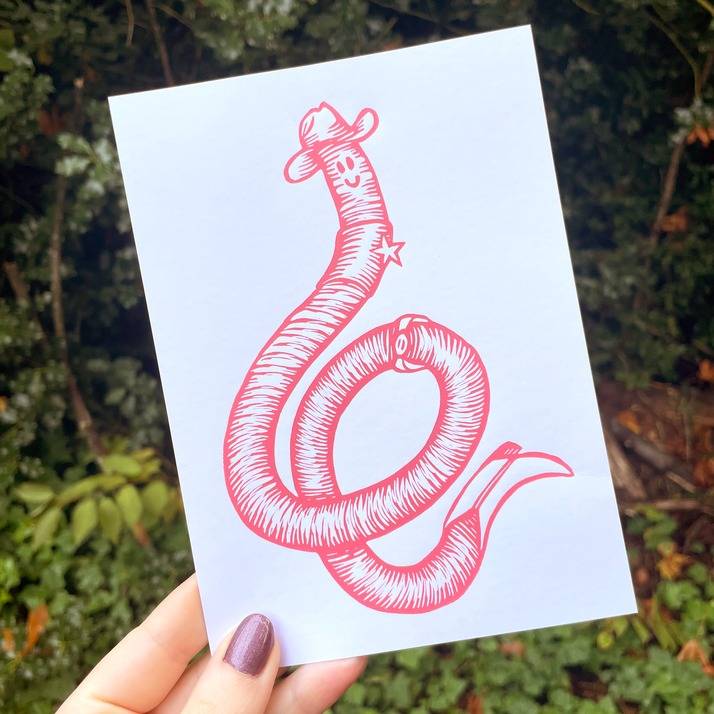 Cowboy Worm Linocut Print