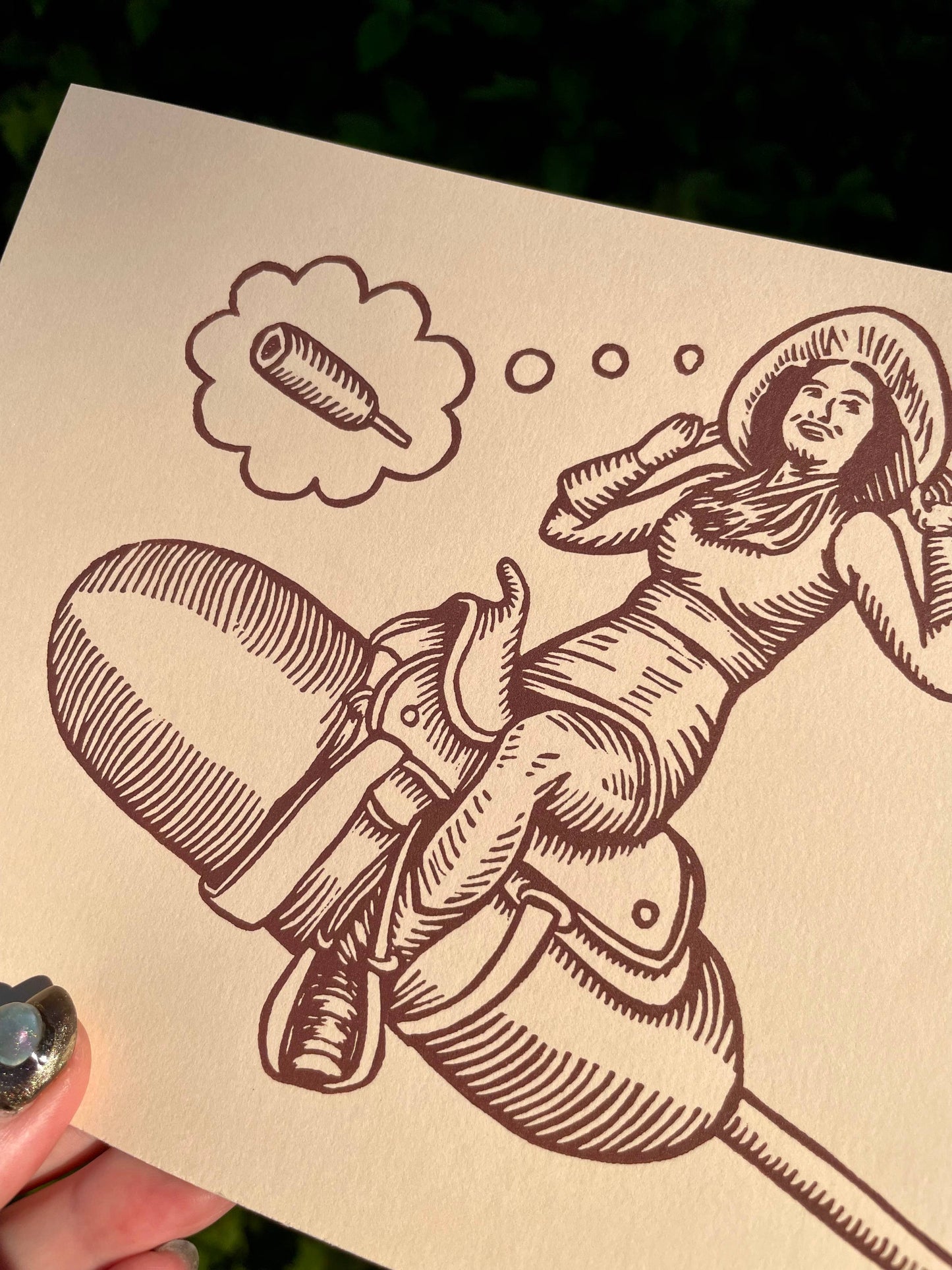 Corndog Cowgirl Linocut Print
