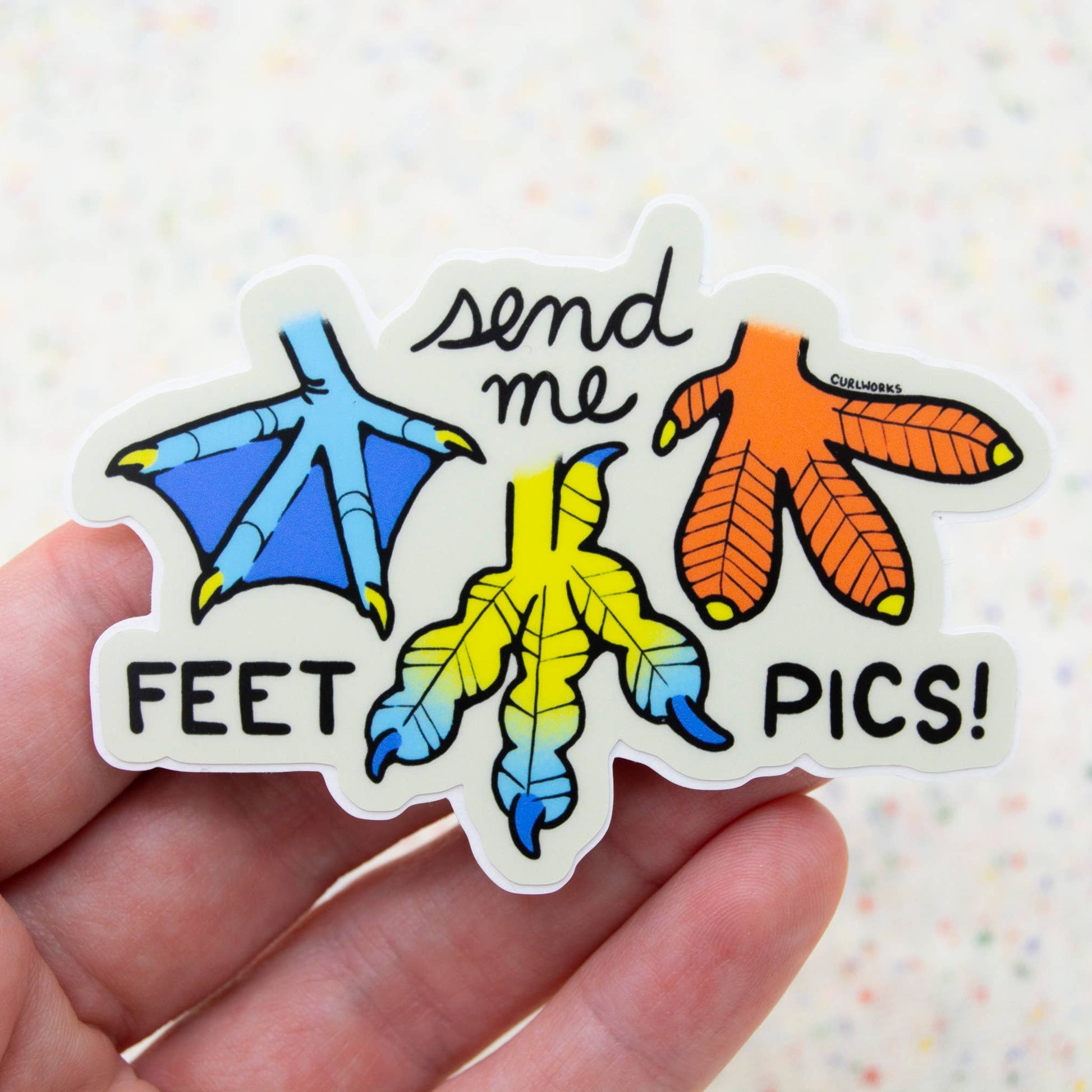 Sticker with colorful bird feet and text held by a hand on a light background