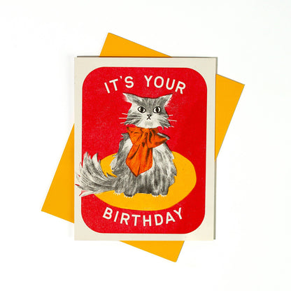 It's Your Birthday Bow Cat - Risograph Card