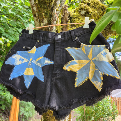 The "Lucy" Shorts - Black Cheeky High-Waisted Lee Shorts with 1930's Patchwork Star Quilt Patches