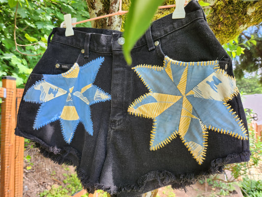 The "Lucy" Shorts - Black Cheeky High-Waisted Lee Shorts with 1930's Patchwork Star Quilt Patches