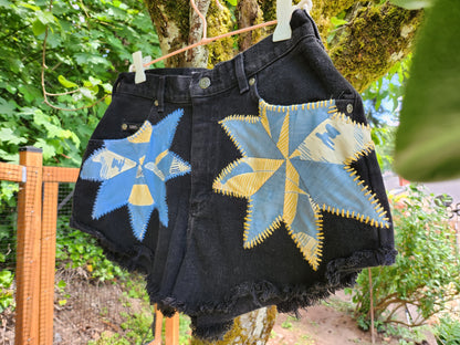 The "Lucy" Shorts - Black Cheeky High-Waisted Lee Shorts with 1930's Patchwork Star Quilt Patches