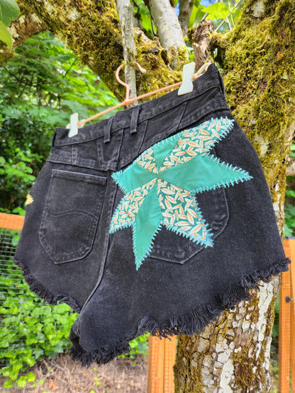 The "Lucy" Shorts - Black Cheeky High-Waisted Lee Shorts with 1930's Patchwork Star Quilt Patches