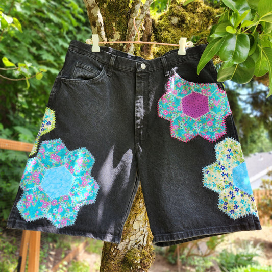 The "Luca" Shorts - Black Wrangler Bermuda Style Shorts with Grandma's Flower Garden Quilt Patches