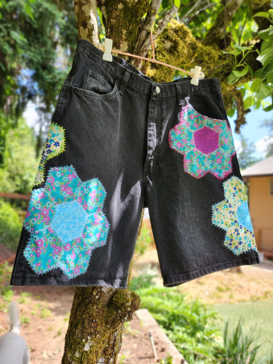 The "Luca" Shorts - Black Wrangler Bermuda Style Shorts with Grandma's Flower Garden Quilt Patches