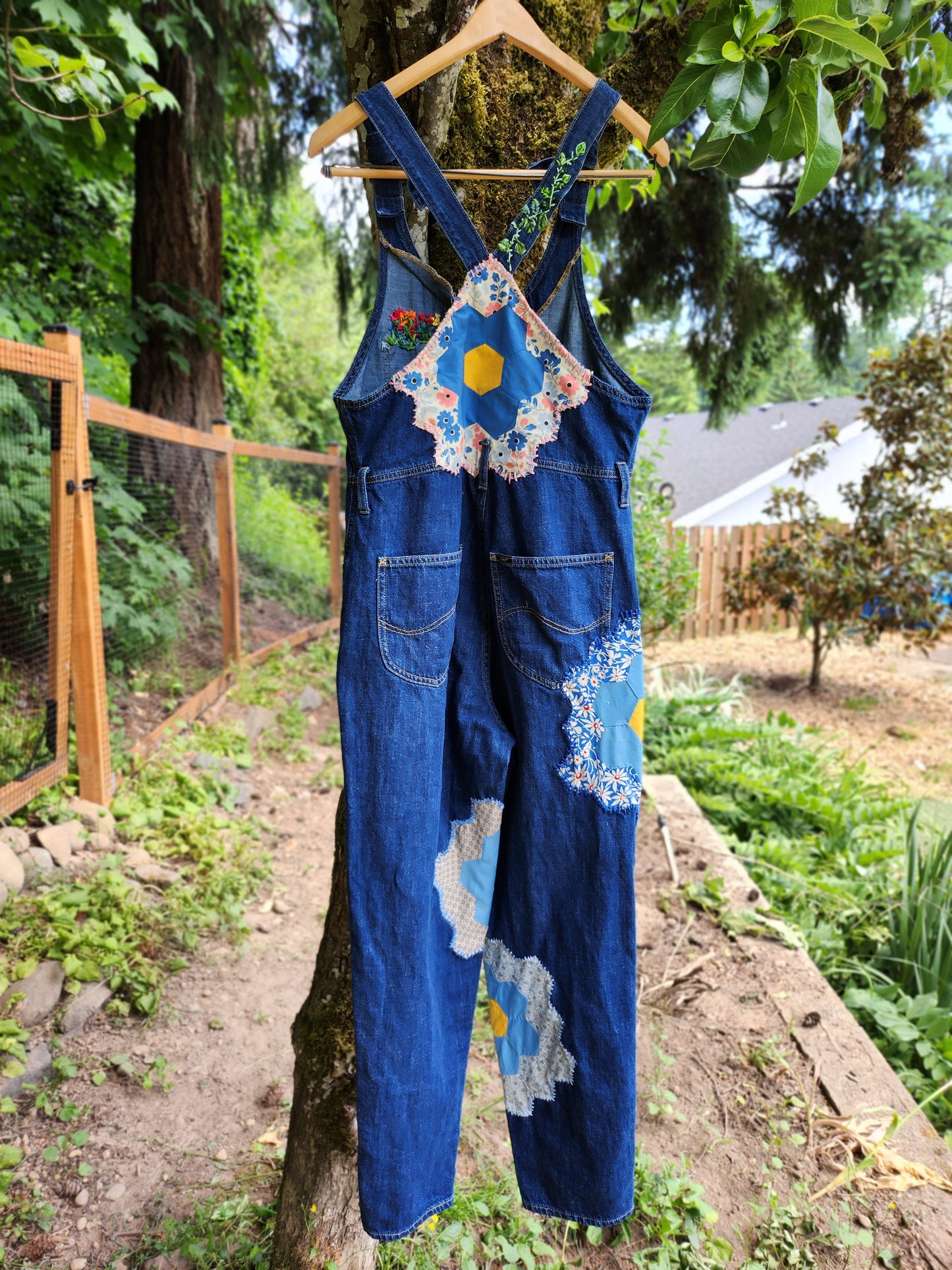 The "Spike" Overalls - Upcycled Dark Blue Lee Button Up Overalls w/ Embroidery & Grandmother's Flower Garden Quilt Blocks