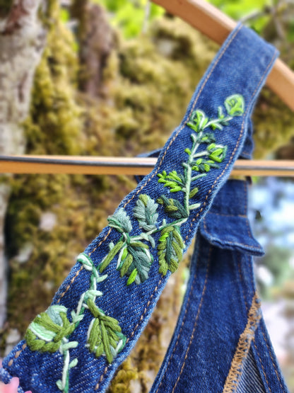The "Spike" Overalls - Upcycled Dark Blue Lee Button Up Overalls w/ Embroidery & Grandmother's Flower Garden Quilt Blocks