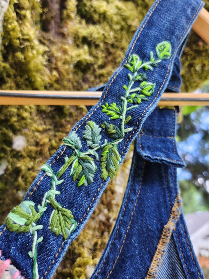 The "Spike" Overalls - Upcycled Dark Blue Lee Button Up Overalls w/ Embroidery & Grandmother's Flower Garden Quilt Blocks