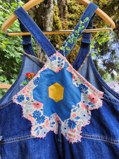 The "Spike" Overalls - Upcycled Dark Blue Lee Button Up Overalls w/ Embroidery & Grandmother's Flower Garden Quilt Blocks