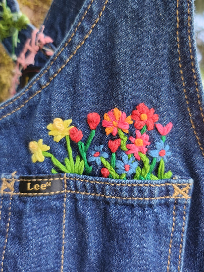 The "Spike" Overalls - Upcycled Dark Blue Lee Button Up Overalls w/ Embroidery & Grandmother's Flower Garden Quilt Blocks