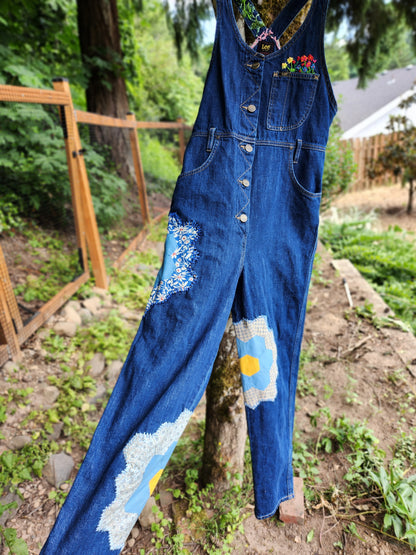 The "Spike" Overalls - Upcycled Dark Blue Lee Button Up Overalls w/ Embroidery & Grandmother's Flower Garden Quilt Blocks