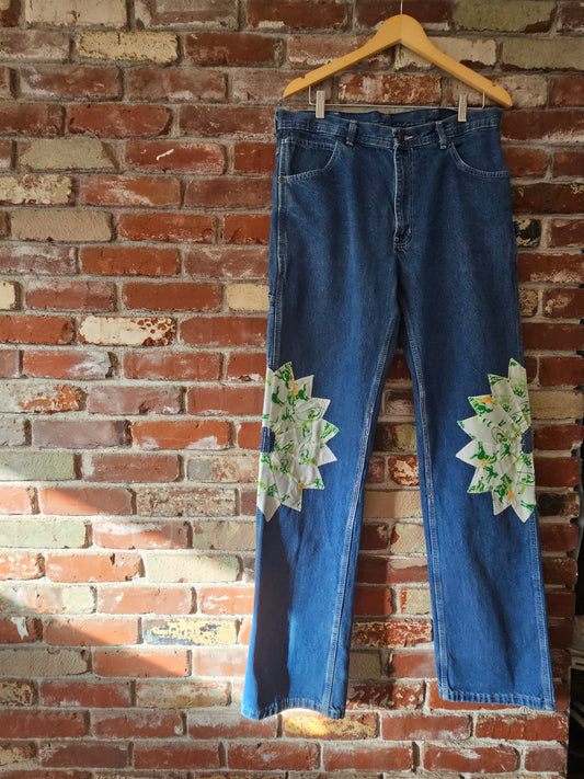 The "Mr. Cowboy" Jeans - Upcycled Key Carpenter Jeans with Green Cowboy Quilt Patches