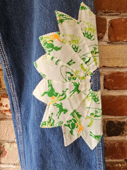 The "Mr. Cowboy" Jeans - Upcycled Key Carpenter Jeans with Green Cowboy Quilt Patches