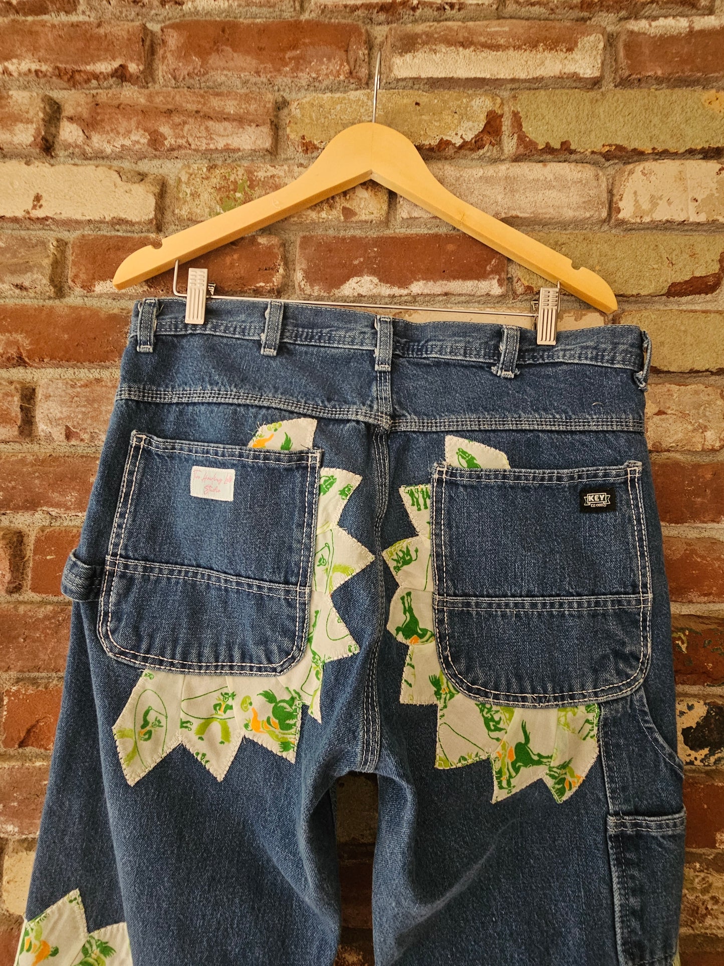 The "Mr. Cowboy" Jeans - Upcycled Key Carpenter Jeans with Green Cowboy Quilt Patches