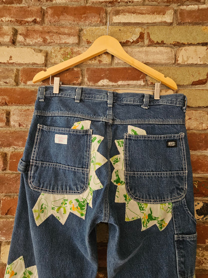 The "Mr. Cowboy" Jeans - Upcycled Key Carpenter Jeans with Green Cowboy Quilt Patches