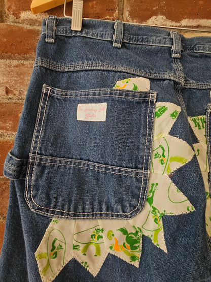 The "Mr. Cowboy" Jeans - Upcycled Key Carpenter Jeans with Green Cowboy Quilt Patches
