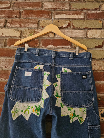 The "Mr. Cowboy" Jeans - Upcycled Key Carpenter Jeans with Green Cowboy Quilt Patches