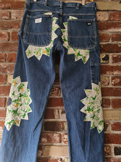 The "Mr. Cowboy" Jeans - Upcycled Key Carpenter Jeans with Green Cowboy Quilt Patches