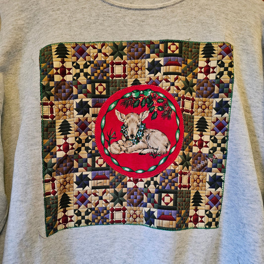 The Saint Crewneck - Upcycled Holiday Crewneck with Deer in Wreath
