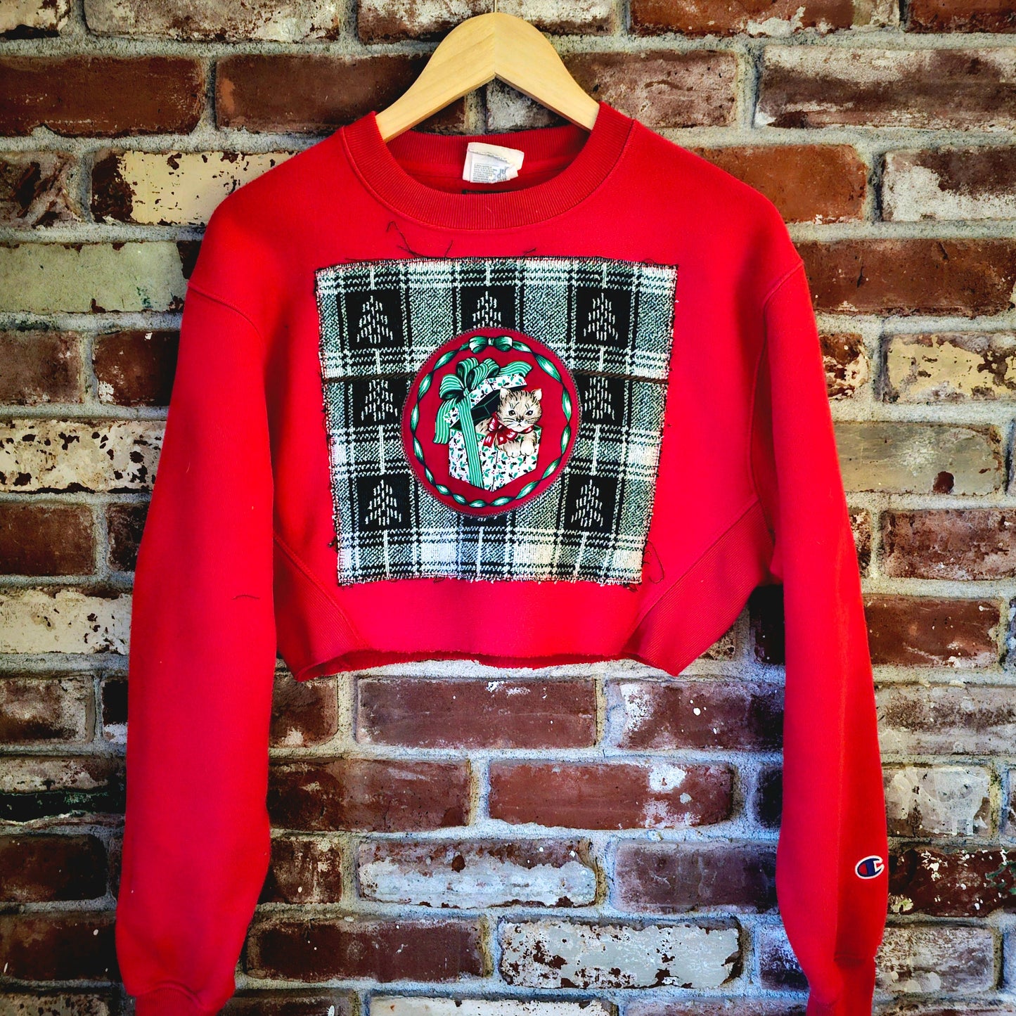 The Elf Cropped Crewneck - Upcycled Holiday Crewneck with Cat in Holiday Basket & Pine Tree Terrycloth