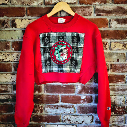 The Elf Cropped Crewneck - Upcycled Holiday Crewneck with Cat in Holiday Basket & Pine Tree Terrycloth