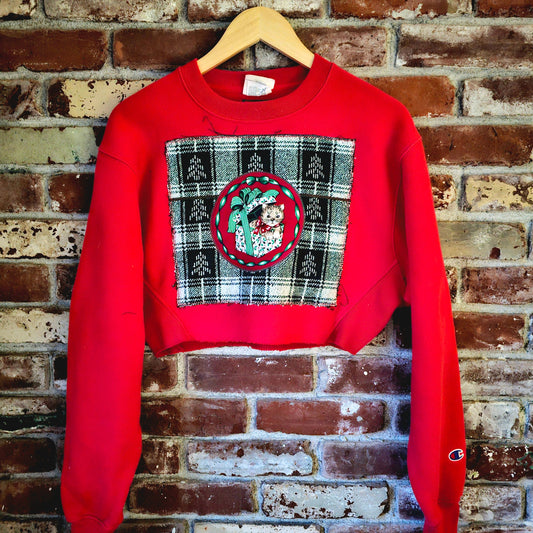 The Elf Cropped Crewneck - Upcycled Holiday Crewneck with Cat in Holiday Basket & Pine Tree Terrycloth