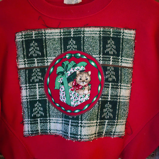 The Elf Cropped Crewneck - Upcycled Holiday Crewneck with Cat in Holiday Basket & Pine Tree Terrycloth