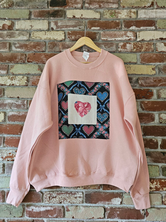The Sugar Bear Crewneck - Deadstock Pink Crewneck w/ Vtg Heart Fabric Patches