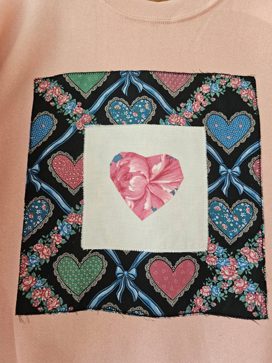 The Sugar Bear Crewneck - Deadstock Pink Crewneck w/ Vtg Heart Fabric Patches
