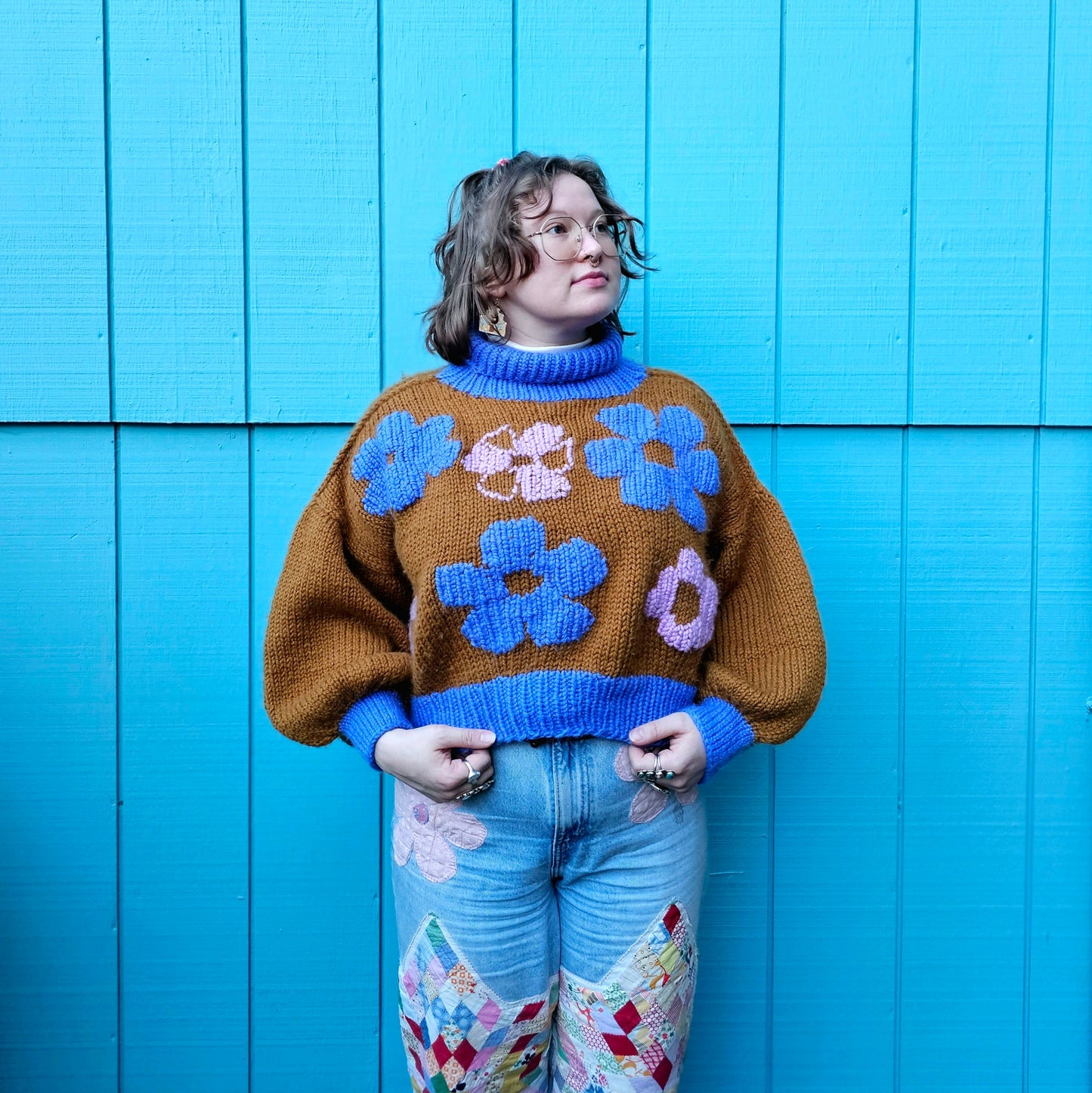 The Daisy Sweater - 100% Merino Wool Hand Knit Flower Turtleneck