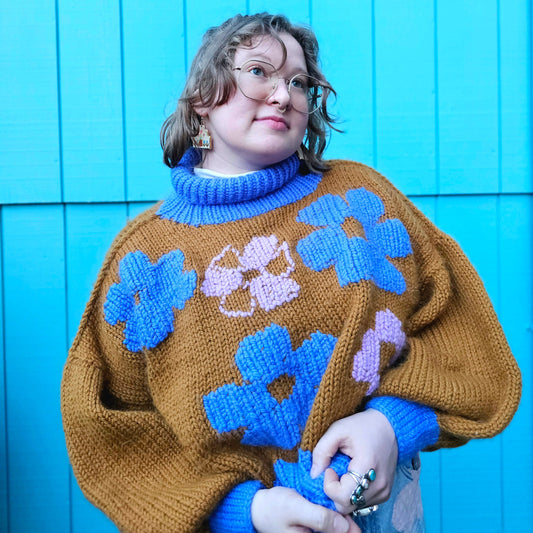 The Daisy Sweater - 100% Merino Wool Hand Knit Flower Turtleneck