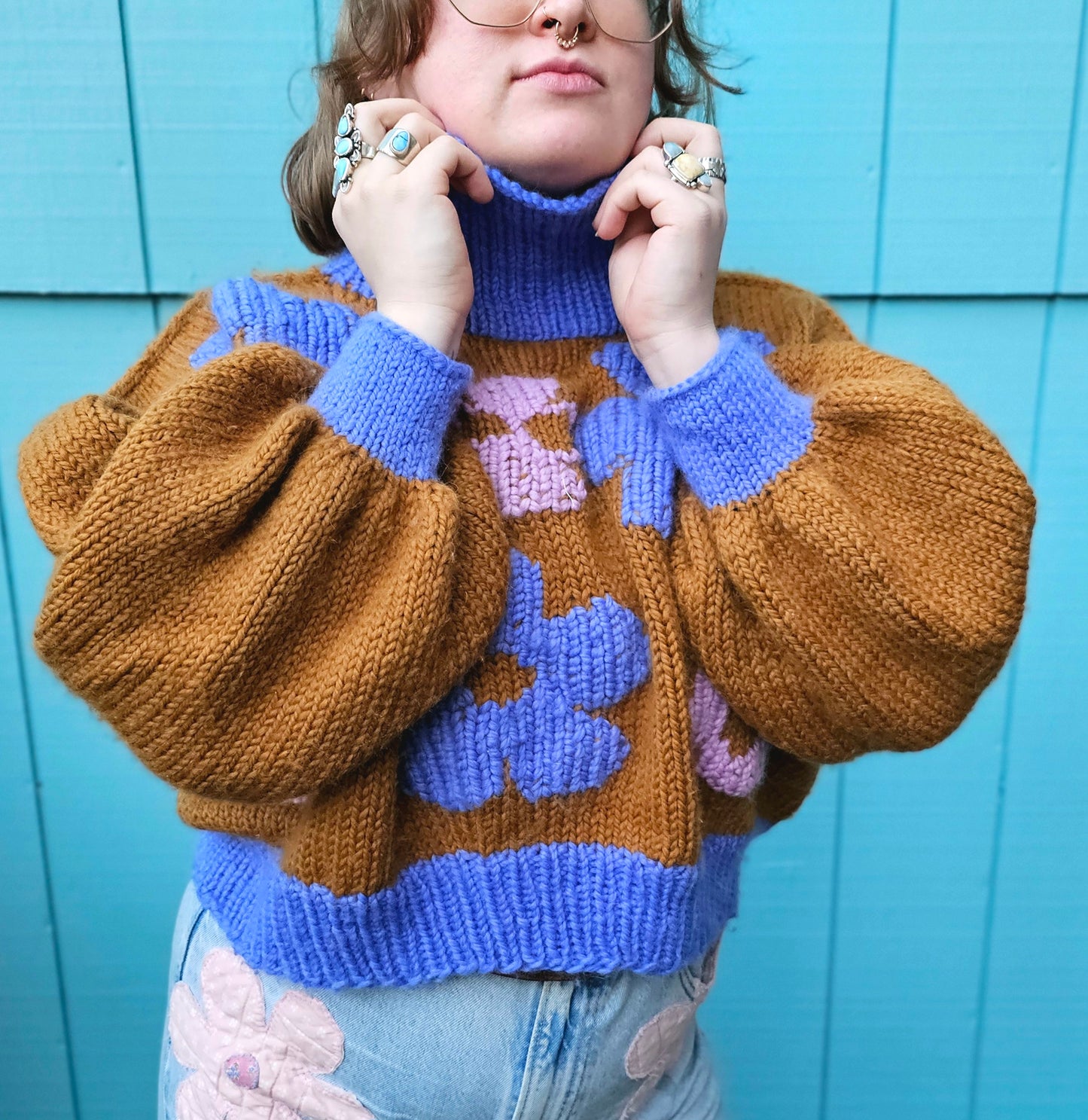 The Daisy Sweater - 100% Merino Wool Hand Knit Flower Turtleneck