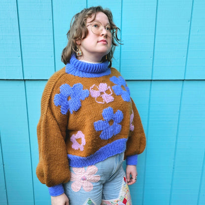 The Daisy Sweater - 100% Merino Wool Hand Knit Flower Turtleneck