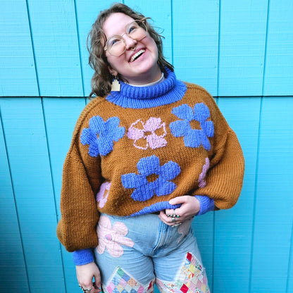 The Daisy Sweater - 100% Merino Wool Hand Knit Flower Turtleneck