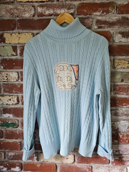 The "Fern" Upcycled Vintage Sweater - Upcycled Baby Blue Cableknit Turtleneck with Hand Embroidered Cat Patch