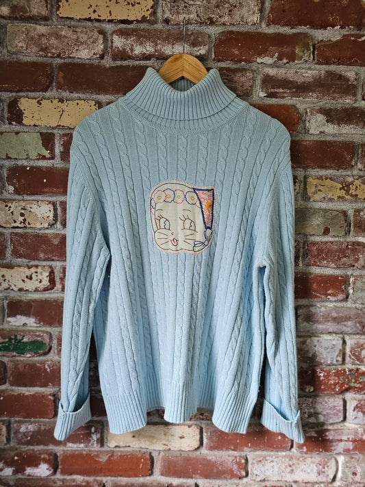 The "Fern" Upcycled Vintage Sweater - Upcycled Baby Blue Cableknit Turtleneck with Hand Embroidered Cat Patch