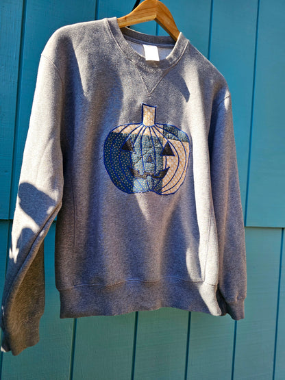 The "Lumiere" Crewneck - Upcycled Crewneck w/ Handmade Jack O-Lantern Appliquéd Patch