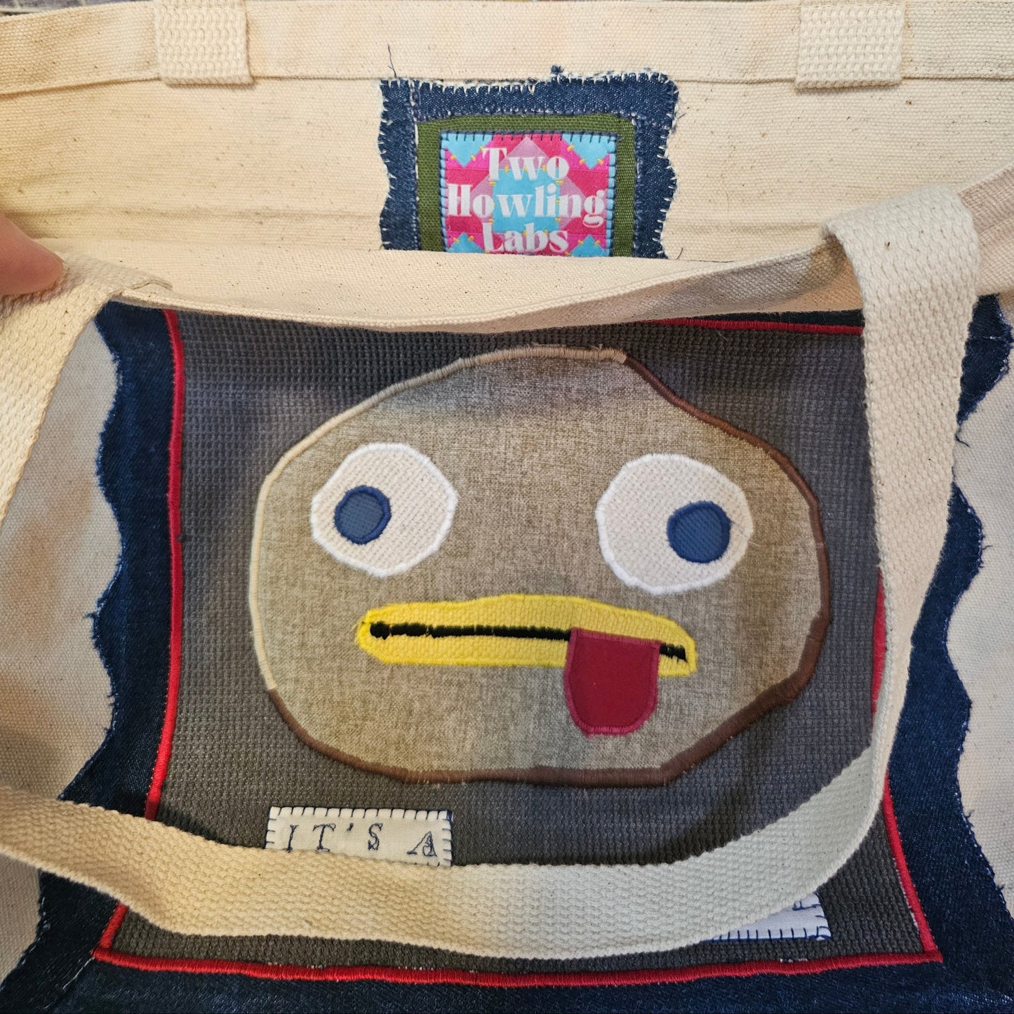 The It's a Rock Fact Tote - Canvas tote upcycled using upholstery fabric and deadstock denim